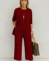 Amelie | Damen Longline-Cardigan 3-teiliges Set Culotte Hosenanzug Elegant in Rot