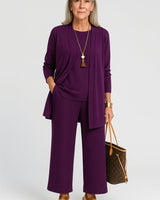Amelie | Damen Longline-Cardigan 3-teiliges Set Culotte Hosenanzug Elegant in Lila