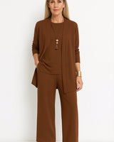 Amelie | Damen Longline-Cardigan 3-teiliges Set Culotte Hosenanzug Elegant in Braun