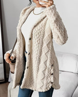 Marlene | Damen Longline Cardigan mit Kapuze Plüsch Knopfleiste Oversized in Beige