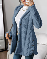 Marlene | Damen Longline Cardigan mit Kapuze Plüsch Knopfleiste Oversized in Denimblau