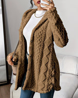 Marlene | Damen Longline Cardigan mit Kapuze Plüsch Knopfleiste Oversized in Braun