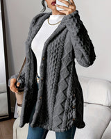 Marlene | Damen Longline Cardigan mit Kapuze Plüsch Knopfleiste Oversized in Grau
