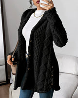 Marlene | Damen Longline Cardigan mit Kapuze Plüsch Knopfleiste Oversized in Schwarz