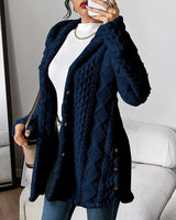 Marlene | Damen Longline Cardigan mit Kapuze Plüsch Knopfleiste Oversized in Marineblau