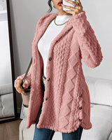Marlene | Damen Longline Cardigan mit Kapuze Plüsch Knopfleiste Oversized in Rosa