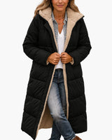 Frieda | Damen Longline Puffer Jacke mit Teddyfutter und Kapuze in Schwarz