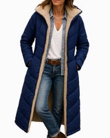 Frieda | Damen Longline Puffer Jacke mit Teddyfutter und Kapuze in Marineblau