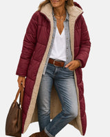 Frieda | Damen Longline Puffer Jacke mit Teddyfutter und Kapuze in Weinrot