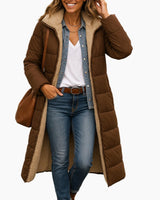 Frieda | Damen Longline Puffer Jacke mit Teddyfutter und Kapuze in Braun