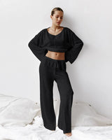 Damen Loungewear-Set mit langärmligem Oberteil Rundhalsausschnitt und weiter Hose in Schwarz