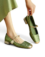 Damen-Mary-Jane-Schuhe mit floralem Muster und verzierten Blockabsätzen in Grün