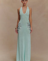 Damen Maxi Kleid mit tiefem V-Ausschnitt und Pailletten Applikationen an den Seiten in Blau