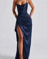 Damen Maxi-Kleid mit V-Ausschnitt und Spaghettiträgern mit Schnürung hinten und seitlichem Schlitz in Marine