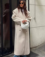 Damen Maxi Mantel mit Reverskragen und doppelreihiger Knopfleiste in Beige