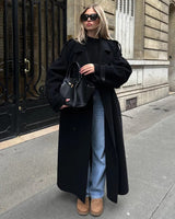 Damen Maxi-Mantel mit zweireihigem Knopfverschluss und Gürtel in Schwarz