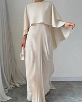 Damen Maxikleid mit Asymmetrischem Cape-Überwurf Plisseerock und Rundhals in Beige