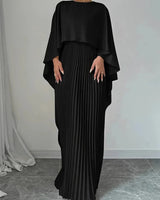 Damen Maxikleid mit Asymmetrischem Cape-Überwurf Plisseerock und Rundhals in Schwarz