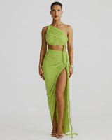 Damen-Maxikleid mit asymmetrischer Ein-Schulter-Form und Raffungen in Grün