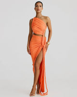 Damen-Maxikleid mit asymmetrischer Ein-Schulter-Form und Raffungen in Orange