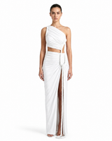 Damen-Maxikleid mit asymmetrischer Ein-Schulter-Form und Raffungen in Weiß