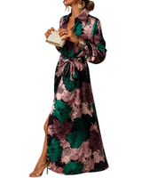Damen Maxikleid mit Blumenmuster, Kragen und Bindegürtel in Dunkelgrün