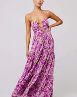Damen Maxikleid mit Blumenmuster und Aussparungen mit Stufenrock und Spaghettiträgern in Lila mit Blumenmuster