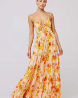 Damen Maxikleid mit Blumenmuster und Aussparungen mit Stufenrock und Spaghettiträgern in Orange mit Blumenmuster