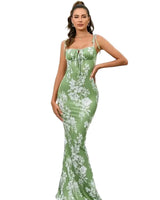Damen Maxikleid mit Blumenmuster und Bindeträgern in Grün