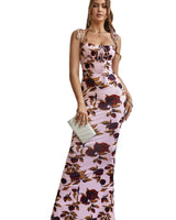 Damen Maxikleid mit Blumenmuster und Bindeträgern in Rosa