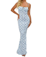 Damen Maxikleid mit Blumenmuster und Bindeträgern in Blau