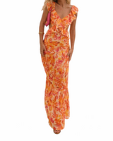 Damen Maxikleid mit Blumenmuster und Rüschendetails in Orange