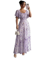 Damen-Maxikleid mit Flatterärmeln, Herzausschnitt und Blumenmuster in Helllila