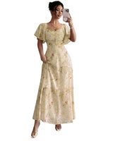 Damen-Maxikleid mit Flatterärmeln, Herzausschnitt und Blumenmuster in Gelb