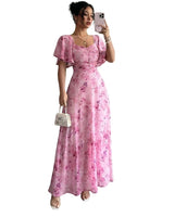 Damen-Maxikleid mit Flatterärmeln, Herzausschnitt und Blumenmuster in Rosa