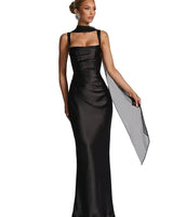 Damen Maxikleid mit geradem Ausschnitt und Drapierung in Schwarz