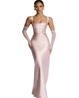 Damen Maxikleid mit geradem Ausschnitt und Drapierung in Hellrosa
