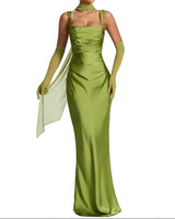 Damen Maxikleid mit geradem Ausschnitt und Drapierung in Grün