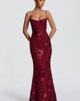 Damen Maxikleid mit Herzausschnitt und Spaghettiträgern mit Schnürung am Rücken und Blumenapplikationen in Bordeauxrot