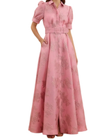 Damen Maxikleid mit Knopfleiste, kurzen Ärmeln und Taillengürtel in Rosa