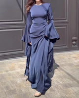 Damen Maxikleid mit Langen Ärmeln, Glockenbündchen und Drapierten Rockbahnen in Marineblau