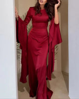 Damen Maxikleid mit Langen Ärmeln, Glockenbündchen und Drapierten Rockbahnen in Rot