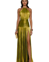 Damen Maxikleid mit Neckholder, Faltenrock und Schlitz in Grun