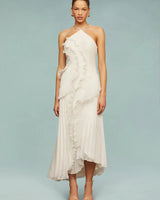 Damen Maxikleid mit Neckholder, Faltenstruktur und Rüschendetails in Weiß