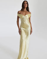 Damen Maxikleid mit Off-Shoulder-Ausschnitt V-Dekolleté und Bodenlanger Länge in Gelb