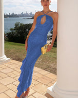 Damen Maxikleid mit Pailletten und kreuzenden Halter Trägern und asymmetrischem Rüschensaum in Blau