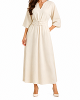 Damen Maxikleid mit Plissierter Taille in Beige