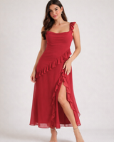 Damen Maxikleid mit Riemen und Rüschenbesatz in Rot