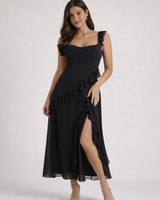 Damen Maxikleid mit Riemen und Rüschenbesatz in Schwarz
