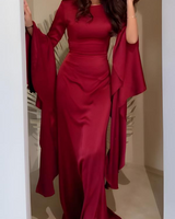 Damen Maxikleid mit Rundhalsausschnitt und Langen Volantärmeln in Rot